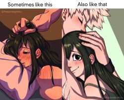 1boy 1girls after_sex aftercare ahe_gao asui_tsuyu bakugou_katsuki blush cuddling embrace embracing english_text face_down face_in_pillow female femsub green_hair hair_grab hair_pull hand_on_head hugging implied_sex katsuki_bakugou liliethblum male maledom meme messy_hair my_hero_academia saliva sex sideboob smelling_hair sometimes_like_this_also_like_that spiky_hair straight text tsuyu_asui wholesome