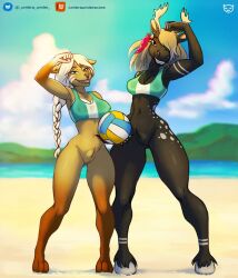 2girls abs animal_genitalia anthro athletic athletic_female ball beach black_body black_fur blonde_hair bottomless bra canid canine canis clothed clothing domestic_dog duo ear_piercing ear_ring equid equine erect_nipples erect_nipples_under_clothes female flexing flexing_bicep fur futanari genitals gynomorph hair herm holding_ball holding_object hooves horn horse intersex intersex/intersex long_hair looking_at_viewer mammal nipples piercing pubes pussy ring_piercing seaside sheath small_waist smile smiling_at_viewer sport sports_bra sun sunny tan_body tan_fur thick_calves thick_thighs umbraunderscore underwear volleyball volleyball_(ball) white_hair wide_hips