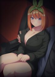 absurdres artist_name asobi_night black_jacket blue_eyes blush bow_hairband breasts cheating cheating_female cheating_girlfriend cinema cleavage collarbone colorized embarrassed female go-toubun_no_hanayome grabbing grabbing_another's_breast green_ribbons groping hairband highres jacket kosmos_beta lapels large_breasts long_sleeves male molestation movie_theater nakano_yotsuba naked_jacket netorare no_bra ntr orange_hair ribbon short_hair sitting skirt solo_focus suit_jacket tearing_up thick_thighs thighs voluptuous