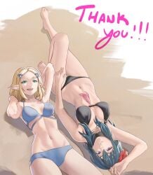 2girls :d alternate_costume arm_behind_head arm_up armpits bare_arms bare_legs barefoot bikini black_bikini black_swimsuit blonde_hair blue_bikini blue_eyes blue_hair blue_swimsuit breasts byleth_(fire_emblem) byleth_(fire_emblem)_(female) commentary cowboy_shot feet feet_out_of_frame female female_only fire_emblem fire_emblem:_three_houses fire_emblem_heroes flower green_eyes hair_flower hair_ornament highres knee_up large_breasts legs long_hair looking_at_viewer lying medium_breasts medium_hair milestone_celebration multiple_girls navel nintendo official_alternate_costume on_back open_mouth pointy_ears pomelomelon princess_zelda red_flower smile stomach swimsuit tears_of_the_kingdom thank_you the_legend_of_zelda thighs toenails toes upside-down zelda_(tears_of_the_kingdom)