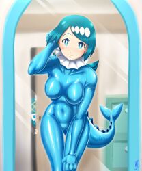 2010s 2019 2girls 4_fingers 5:6 adjusting_hair alternate_version_at_source alternate_version_available aozame_takao blue_bodysuit blue_clothing blue_eyes blue_hair blue_latex blush bodysuit breasts cameltoe clothing cosplay covered_navel drawer dresser eyes female female_focus female_only fully_clothed hair hairband hand_on_thigh hiding human lana's_mother_(pokemon) lana_(pokemon) large_breasts latex latex_bodysuit latex_clothing latex_suit looking_at_mirror looking_at_viewer looking_in_mirror milf mirror mirror_reflection mother_and_daughter nintendo nipple_bulge open_door open_eyes peeping png pokemon pokemon_(cosplay) pokemon_rgby pokemon_sm pokesuit posing posing_in_mirror reflection shiny_clothes short_hair signature skin_tight smile standing sweat sweating sweating_profusely tail tight_clothing vaporeon_(cosplay)