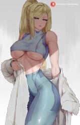 1girls araneesama artist_name bimbo blonde_hair blue_crop_top blue_eyes blue_pants breasts crop_top cutesexyrobutts_(style) fur-trimmed_jacket fur_coat fur_trim high-waist_pants jacket jacket_partially_removed large_breasts looking_at_viewer metroid midriff nintendo pants ponytail samus_aran white_jacket wristband