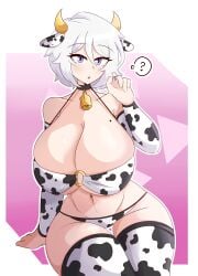 1girls blue_eyes cow_horns cow_print cow_print_armwear cow_print_bikini cow_print_thighhighs cowbell dankestsin detached_sleeves eyebrows_visible_through_hair faust_(limbus_company) huge_breasts large_breasts limbus_company navel project_moon thick_thighs white_hair wide_hips