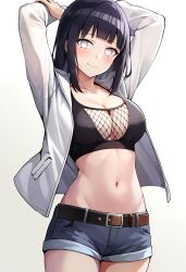 1girls ai_generated arms_behind_head big_breasts blush blushing blushing_at_viewer busty cleavage confident crop_top croptop cute cute_girl denim_shorts female_focus female_only happy happy_female hyuuga_hinata hyuuga_hinata_(naruto:_road_to_ninja) large_breasts legs long_hair looking_at_viewer midriff naruto naruto:_road_to_ninja naruto_(series) naruto_shippuden navel
 pose posing purple_eyes purple_hair sensual shorts smile solo thighs voluptuous voluptuous_female