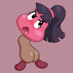 2023 angry anthro ass ass_focus black_eyes blush blush_stickers eyelashes fangs female goomba hair mario_(series) nintendo open_mouth pink_background ponytail purple_hair shiny_ass shocked simple_background super_mario_odyssey tongue video_games waddling_head