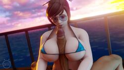 1boy 1girls 3d big_breasts big_penis bikini cock_shock eyewear glasses mei_(overwatch) outdoors overwatch paizuri self_upload slow_(artist)