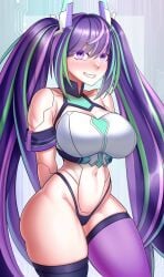 1girls android android_girl aurora_maquinaria belly_button blush eyebrows_visible_through_hair female female_only happy huge_breasts indie_virtual_youtuber light-skinned_female light_skin looking_at_viewer multicolored_hair nose_blush purple_eyes robot robot_girl solo tstkas_(tstkas199791) virtual_youtuber