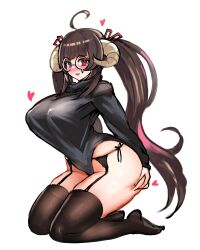 1girls ahoge blush brown_hair clothed clothing enormous_breasts female female_only glasses hand_on_butt heart horns huge_butt indie_virtual_youtuber light-skinned_female light_skin looking_at_viewer mikachi minsterpduke nipple_bulge nose_blush red_eyes revealing_clothes round_glasses simple_background skimpy_clothes solo virtual_youtuber voluptuous voluptuous_female white_background