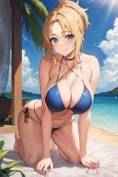 1girls 2023 ai_generated ai_hands all_fours anime_nose arm_support beach bent_over big_breasts bikini blonde_hair blue_bikini blue_eyes breasts busty cleavage clothed_female feet female female_only hi_res large_breasts mature mature_female mature_woman milf mushoku_tensei navel ocean ponytail pose posing sensual smile solo swimsuit voluptuous water wink zenith_greyrat