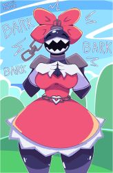 1girls anthro big_breasts breasts chain_chomp closed_eyes clothing cute dress female female_only mario_(series) mysticwaffle outdoors pink_bow sharp_teeth solo standing super_mario_bros. text thick_thighs wide_hips