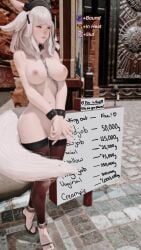 chain_collar chains collar english_text final_fantasy final_fantasy_xiv full_body game game_mechanics gpose(ffxiv) high_heels light-skinned_female medium_breasts open_toe_shoes outdoors price pricelist prostitute prostitution public_exposure slave status_effect tagme waiting