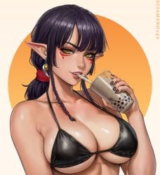 1girls big_breasts black_bikini black_bikini_top bra bubble_tea drinking elf elf_ears elf_female face_paint fangs looking_at_viewer mirco_cabbia oc open_mouth original original_character sciamano240 signature smile smiling smiling_at_viewer twitter_username upper_body valerie_(sciamano240) watermark yellow_eyes