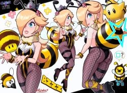 1girls antennae ass bee_costume bee_wings blonde_hair blue_eyes bowtie breasts crown earrings fake_antennae fake_wings fishnet_pantyhose fishnets fur_collar hair_over_one_eye high_heels highleg highleg_leotard holding_wand honey_bee_inn honeybee_inn_uniform insect_wings leotard long_hair luma magic_wand mario_(series) medium_breasts mushroom nintendo princess_rosalina sarukaiwolf star_earrings stingby stinger super_mario_3d_land super_mario_3d_world super_mario_galaxy wand wrist_cuffs