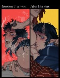 2boys ahe_gao aizetsu bite_mark bite_marks black_nose blue_eyes blue_hair blue_sclera bodily_fluids crying crying_with_eyes_open dark_blue_hair dark_hair demon demon_boy demon_slayer drooling dual_persona face_in_chest fangs from_behind gay hantengu head_between_pecs head_grab hickey_marks horns humor implied_sex kimetsu_no_yaiba long_hair_male looking_at_viewer male male_only meme messy motion_lines multiple_images nail_polish open_mouth p_parituhh pecs pointy_ears saliva sekido selfcest solo_focus sometimes_like_this_also_like_that sweat tears text veins yaoi