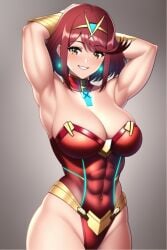 1girls ai_generated armpits arms_behind_head arms_up bob_cut chest_jewel collar core_crystal cowboy_shot hair_ornament leotard muscles muscular muscular_female pyra red_hair robofun smile stable_diffusion tiara