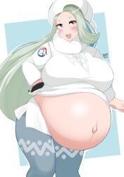 1girls bare_belly bayoshii big_belly big_breasts bloated_belly blue_eyes blush clothed clothing female female_only long_hair melony_(pokemon) milf navel outie_navel pokemon pokemon_ss pregnant white_hair