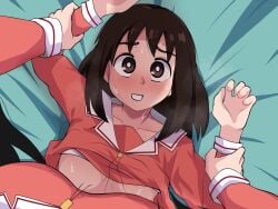 achmad_sjahrir artstyle_imitation azumanga_daiou blush brown_eyes brown_hair female female_pov holding_wrists imminent_sex large_breasts lesbian lying_on_back osaka_ayumu_kasuga pinned pov restrained serafuku shirt_lift small_breasts sweat underboob yuri