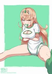 1girls angry arms_crossed blonde_hair breasts cleavage_cutout clothing_cutout cranky diaper diaper_under_clothing green_socks large_breasts legs_spread long_hair looking_at_viewer mythra nintendo omulettes onesie pacifier pout pouting sitting socks tears tiara upset white_onesie xenoblade_(series) xenoblade_chronicles_2 yellow_eyes