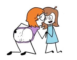 2girls 4chan ass brown_hair butt collar easily_enslaved_clerk_gf_(4chan) female female_only glasses heart-shaped_pupils heart_eyes multiple_girls orange_hair pussy slave_collar slave_gf_(4chan) stick_figure white_background