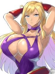 2d 2d_(artwork) big_breasts blonde_hair blue_eyes bonne_jenet chikoinochi cleavage garou:_mark_of_the_wolves hands_behind_head hourglass_figure king_of_fighters looking_at_viewer purple_dress tagme tagme_(artist)