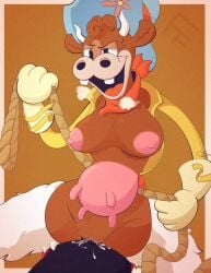 absurd_res anthro big_nipples bodily_fluids bovid bovine breasts cattle clothed clothing cowgirl_position cum cum_in_pussy cum_inside cuphead cuphead_(game) duo esther_winchester female flashfigure from_front_position genital_fluids hat headgear headwear hi_res holding_object holding_rope humanoid male male/female mammal nipples on_bottom on_top open_clothing open_topwear rope sex teats topwear udders