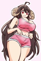 1girls ahoge belly_button breasts brown_hair camisole clothed clothing eyebrows_visible_through_hair female female_only horns hotpants huge_breasts indie_virtual_youtuber light-skinned_female light_skin mikachi minsterpduke red_eyes solo sweatdrop virtual_youtuber