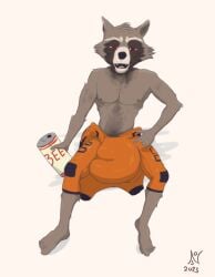 2023 abs alcohol anthro beer beverage beverage_can big_bulge big_penis body_hair brown_body brown_fur bulge chest_hair clothed clothing fur genitals grey_body grey_fur guardians_of_the_galaxy huge_bulge huge_cock hyper hyper_bulge hyper_genitalia hyper_penis male male_only mammal marvel nostracon orange_clothing overalls penis procyonid raccoon red_eyes rocket_raccoon signature simple_background sitting solo spacesuit topless topless_male white_body white_fur