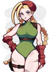 2023 abs ammo_pouch artist_name beret blonde_hair blue_eyes braid braided_twintails breasts cammy_white capcom female female_focus female_only fingerless_gloves gauntlets harness hourglass_figure leotard long_blonde_hair long_hair long_twintails looking_at_viewer medium_breasts solo solo_female street_fighter thick_thighs thigh_pouch thigh_strap touyarokii white_background