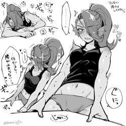 1girls 2d amane_kjfk corner_masturbation female fish fish_humanoid grinding japanese_text masturbation monochrome monster monster_girl no_color panties ponytail sharp_teeth solo solo_female sweat table_humping tagme tank_top translated undertale undertale_(series) undyne