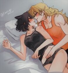 2girls bed black_hair black_panties blake_belladonna blonde_hair blush breasts canon_couple cat_ears foreplay hand_in_another's_panties imminent_sex kemonomimi long_hair looking_at_another naizo_(kimosugimasu) partially_clothed pillow purple_eyes romantic romantic_couple rwby short_hair smile sweat yang_xiao_long yellow_eyes yuri