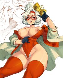 1girls absurdres alternate_costume big_hair blush breasts chinese_clothes colored_pubic_hair devil_horns_(gesture) eyeshadow eyewear female female_only female_pubic_hair front_view glasses gloves hair_bun hair_ornament hair_stick hairy_pussy hand_gesture highres insouwu large_breasts leotard looking_at_viewer makeup nipples off_shoulder official_alternate_hairstyle open_mouth partially_visible_vulva pubic_hair pubic_hair_peek purah purah_(tears_of_the_kingdom) red-framed_eyewear red-framed_glasses red_clothing red_eyes red_eyeshadow red_legwear red_thighhighs round_eyewear round_glasses sheikah short_gloves sign_of_the_horns solo tears_of_the_kingdom the_legend_of_zelda the_legend_of_zelda:_tears_of_the_kingdom thick_thighs thighhighs thighs updo white_clothing white_hair zoom_layer