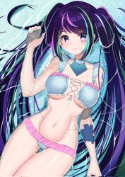 1girls android android_girl aurora_maquinaria bandaid belly_button big_breasts bikini blue_bikini breasts eyebrows_visible_through_hair female female_only happy indie_virtual_youtuber lazycoffee light-skinned_female light_skin looking_at_viewer multicolored_hair purple_eyes robot robot_girl smile solo swimsuit virtual_youtuber water