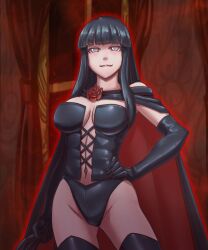 1girls black_hair black_panties breasts cape corset dominatrix elbow_gloves flogger gloves grey_eyes hand_on_hip holding_flogger holding_whip hyuuga_hinata laced_corset large_breasts latex latex_corset latex_gloves latex_thighhighs leebigtree long_hair looking_at_viewer naruto naruto_shippuden navel panties rose_(flower) solo_female thighhighs whip