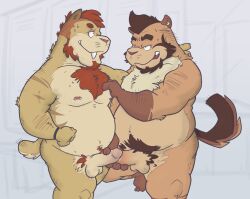 2boys anthro bayern_(buffalonickels) bodily_fluids buffalonickels chest_tuft duo embrace erection felid gay genital_fluids genitals gulonine hi_res hug locker_room machairodontine male male_only mammal manly musclegut mustelid musteline nipple_piercing nipples nude overweight overweight_male penis piercing precum pubes tuft wolverine yaoi