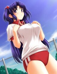 1girls black_hair buruma clannad gym_uniform hair_bobbles hair_ornament ichinose_kotomi long_hair miyai_sen purple_eyes purple_hair red_buruma solo tagme two_side_up