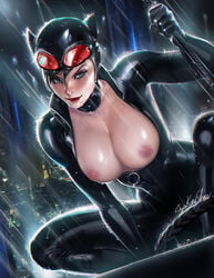 1girls areola batman_(series) black_hair blue_eyes bodysuit breasts busty catsuit catwoman choker cleavage dc dc_comics eyeliner eyeshadow female female_only goggles hood large_breasts lipstick looking_at_viewer makeup nipples rain sakimichan selina_kyle shiny_suit solo squatting unzipped voluptuous wet whip zipper_pull_tab