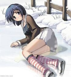 accident blush clothing kneehighs looking_at_viewer loose_socks outdoor_pee pee_accident pee_steam peeing peeing_pants peeing_self pink_socks skates skirt snow socks striped_socks tagme tear urinating_female urine urine_in_snow urine_on_ground wetting white_socks