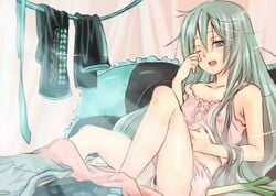 1girls aqua_eyes aqua_hair camisole clothes clothes_removed hatsune_miku lingerie long_hair one_eye_closed pillow sakou_mochi scratching sitting skirt sleepy smile solo spring_onion tagme underwear vocaloid waking_up