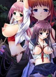 3girls aojiru belt blue_eyes blush bondage bra braid breasts clothing crop_top dildo female green_eyes hongou_ai hongou_yukino huge_breasts insertion kowaku_no_toki large_breasts long_hair midriff momoko_momono multiple_girls navel necklace nipples no_bra nopan open_clothes open_mouth open_shirt orange_hair pendant pink_hair pleated_skirt puffy_nipples purple_hair pussy_juice rope saliva school_uniform serafuku shirt shirt_lift shirt_pull short_hair side_slit skirt sweat vibrator