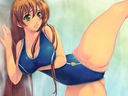 bare_shoulders between_breasts breast_hold breast_lift breasts brown_hair cleavage code_geass collarbone female green_eyes hair_between_breasts highleg highleg_swimsuit large_breasts leg_up lips long_hair mizugi navel oppai shirley_fenette shower spread_legs thighs wet