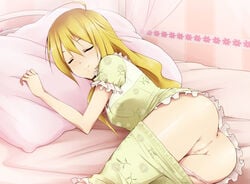 anus ass bed blonde_hair breasts censored closed_eyes curtains female highres hoshii_miki idolmaster kaiga legs long_hair lying on_side pajamas panties pants_pull panty_pull pillow pink_panties pussy sleeping smile solo thighs underwear