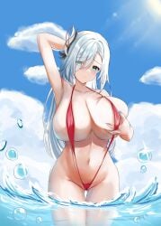 1girls absurd_res arm_up beach big_breasts female female_only genshin_impact hair_ornament hand_behind_head hand_on_breast hi_res highres hoyoverse huge_breasts kanesada_dp large_breasts light-skinned_female light_skin long_hair looking_at_viewer midriff mihoyo navel shenhe_(genshin_impact) sky sling_bikini solo swimsuit thick voluptuous white_hair