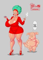 afro afro_hair bulma bulma_(afro) bulma_(dragon_ball) bulma_briefs cigarette dialogue dragon_ball dragon_ball_z high_heels imminent_sex oolong platform_heels repv smoking tagme text