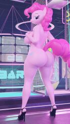 3d_(artwork) absurd_res anthro ass big_butt breasts clothing equid equine female floppyhuman footwear friendship_is_magic hasbro hi_res high_heels looking_back mammal my_little_pony naked_footwear pinkie_pie_(mlp) solo standing straight_hair