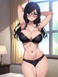 1girls ai_generated black_hair curvaceous curvy curvy_body curvy_female female_focus female_only glasses huge_breasts lingerie long_hair minakata_hizuru seductive_look shounen_jump solo_female solo_focus stable_diffusion summertime_render underwear