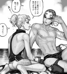 2boys abs alternate_hairstyle beach drink drinking_straw gay giorno_giovanna guido_mista hat holding jojo's_bizarre_adventure long_hair looking_at_another male male_focus male_only male_swimwear monochrome mouth_hold multiple_boys muscular navel nipples one_eye_closed outdoors pectorals ponytail short_hair sitting speech_bubble teeth thought_bubble translation_request vento_aureo water wet zakiko