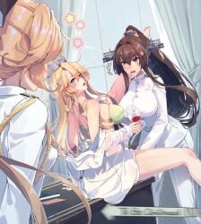 3girls akigumo_(kantai_collection) alcohol blonde_hair blush bra breasts brown_eyes brown_hair cherry_blossoms cup drinking_glass fingering flower hair_between_eyes hair_flower hair_ornament headgear highres himeyamato holding holding_cup iowa_(kantai_collection) kantai_collection large_breasts long_hair long_sleeves multiple_girls open_mouth ponytail thighs underwear very_long_hair wine wine_glass yamato_(kantai_collection) yuri