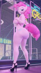 3d_(artwork) absurd_res anthro ass big_breasts big_butt breasts clothing female floppyhuman footwear friendship_is_magic hasbro hi_res high_heels looking_back my_little_pony naked_footwear pinkie_pie_(mlp) solo standing straight_hair