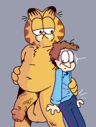 anthro balls belly clothed clothing domestic_cat duo erection erection_under_clothing felid feline felis foreskin garfield_(series) garfield_the_cat genitals human humanoid_genitalia humanoid_penis jon_arbuckle male mammal paramount_pictures paws,_inc. penis tully_(artist) what