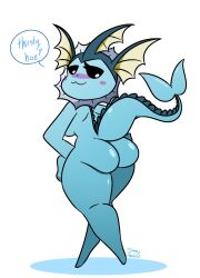 :3 anthro anthrofied ass breasts dialogue eeveelution english_text female looking_back nintendo pokémon_(species) pokemon slime_amiibo solo text vaporeon